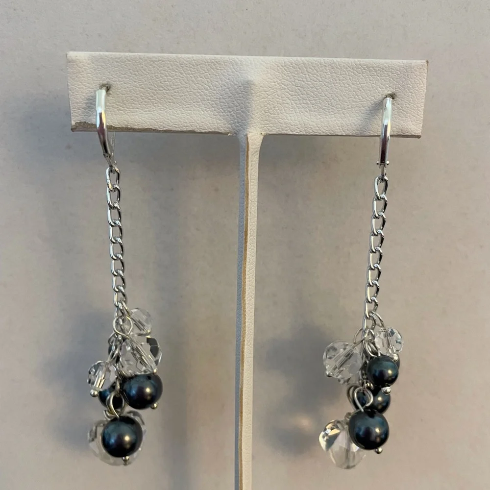 HAND CRAFTED Earrings Hearts Crystals Pearls Long Dangling